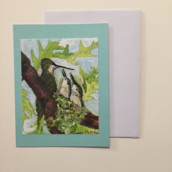 Rhonda Anne McMahon Other - Mother Hummingbird & Babies Watercolor HAND CRAFTED Card